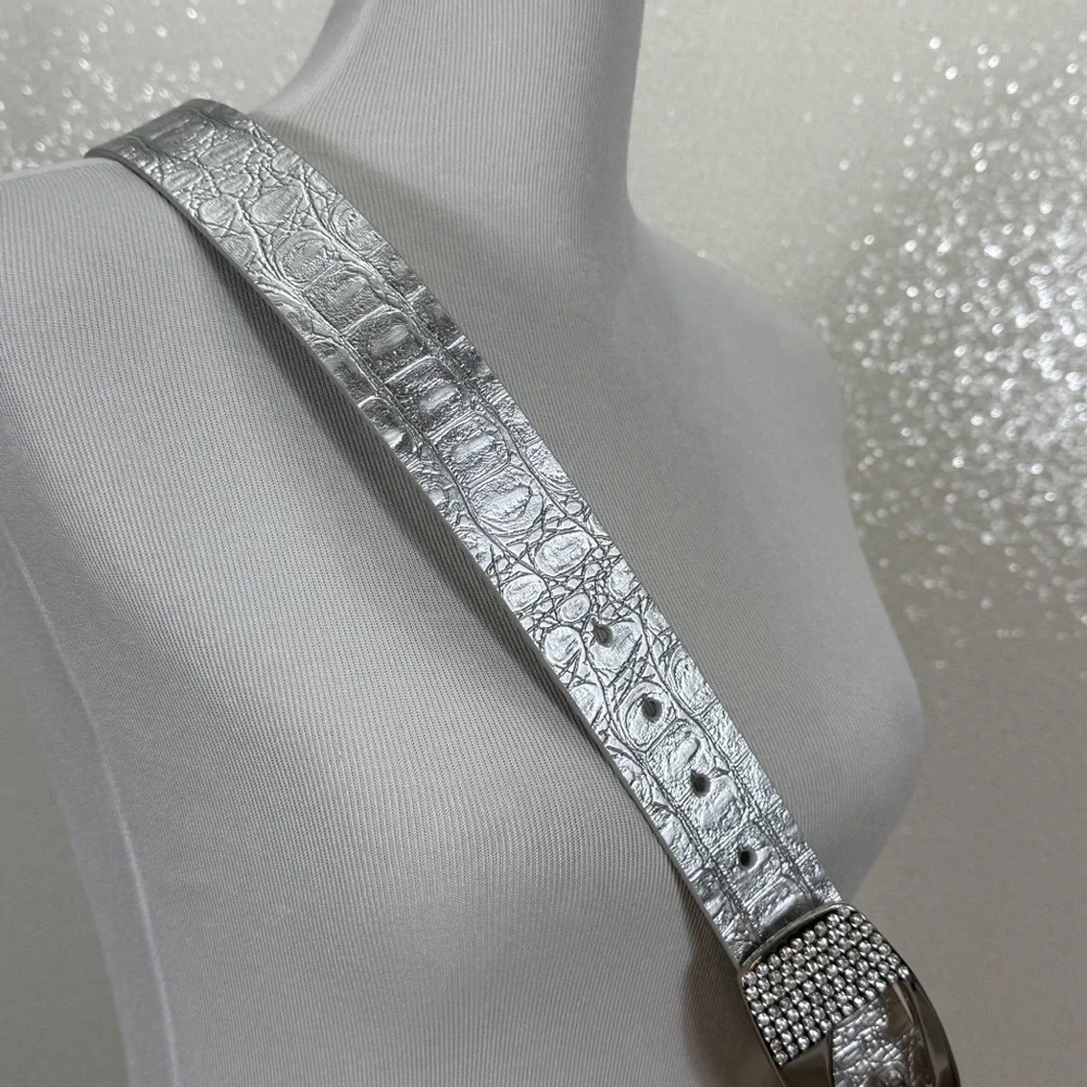 GUESS Silver Belt Rhinestone Buckle Metallic Faux Leather 38- 42 Waist